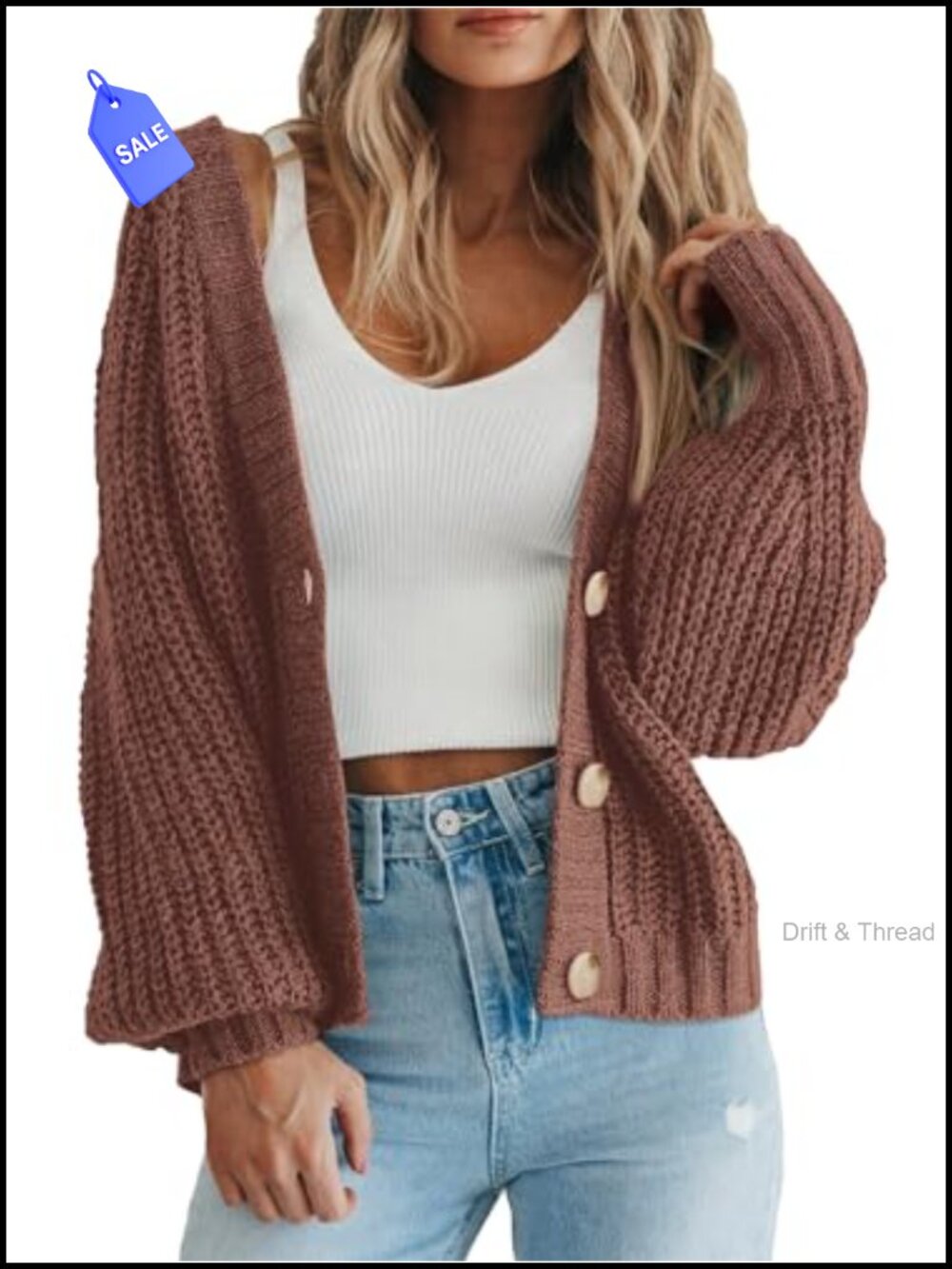 Chunky Knit Open Front Button Down Cardigan V-Neck Long Sleeve Sweater